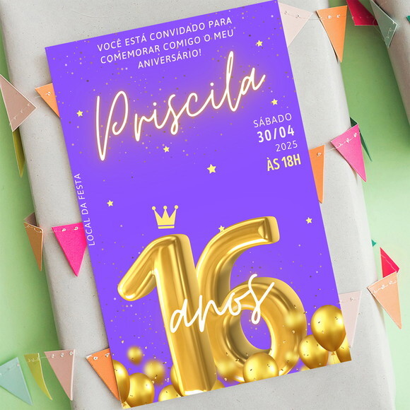 Convite Aniversário 16 Anos Glitter Roxo