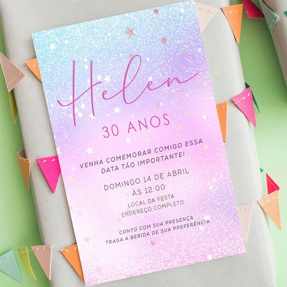 Convite Aniversário 30 Anos Estrelas Azul e Rosa