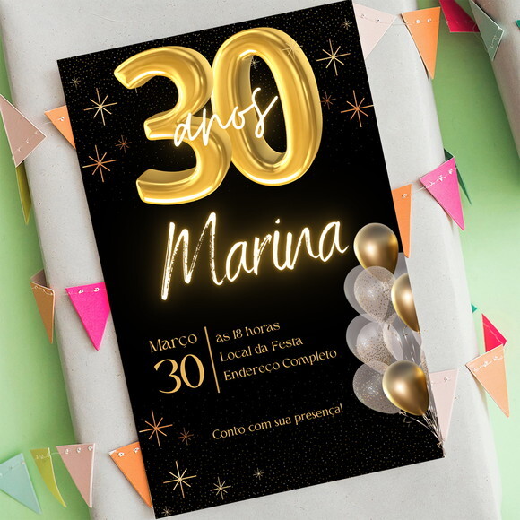 Convite Aniversário 30 Anos Glitter Dourado