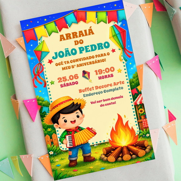 Convite Aniversário Arraiá Festa Junina Menino Digital