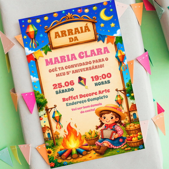 Convite Aniversário Arraiá Festa Junina Menina Digital