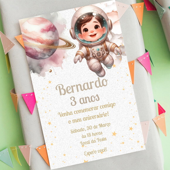 Convite Aniversário Astronauta Aquarela