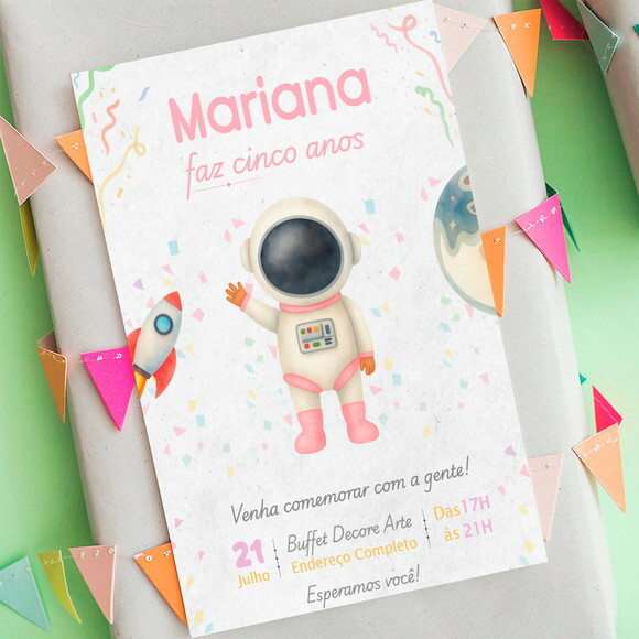 Convite Aniversário Astronauta Rosa Aquarela Digital