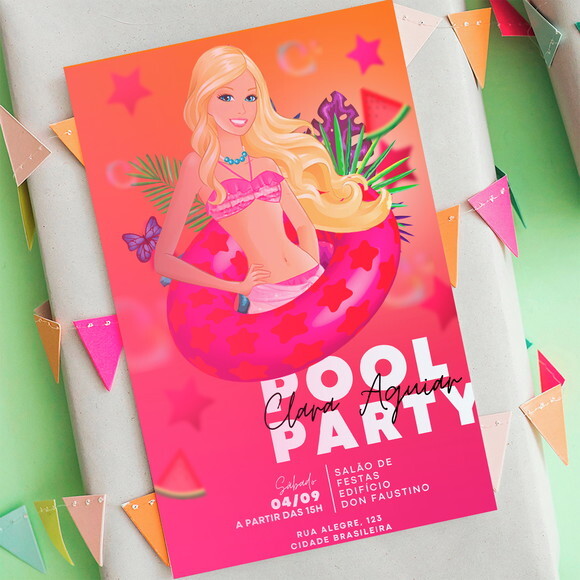 Convite Aniversário Digital Barbie Pool Party