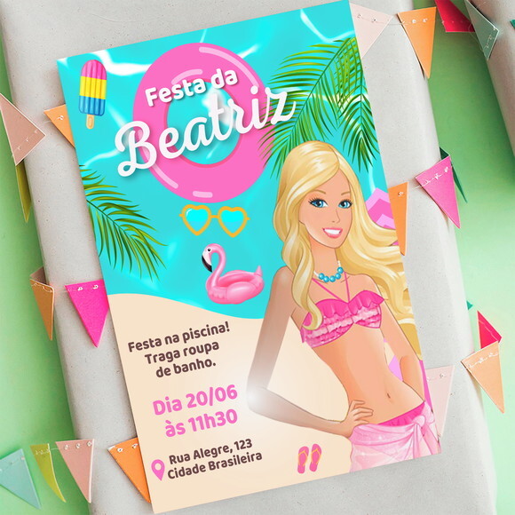 Convite Aniversário Digital Barbie Pool Party