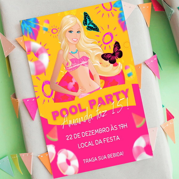 Convite Aniversário Digital Barbie Pool Party