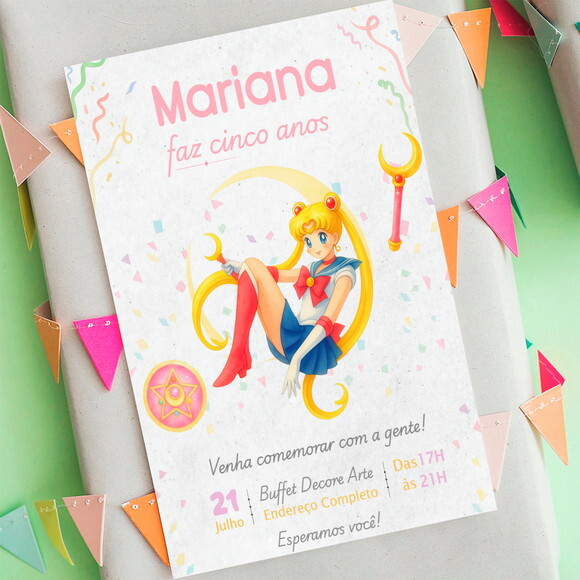 Convite Aniversário Digital Sailor Moon Aquarela