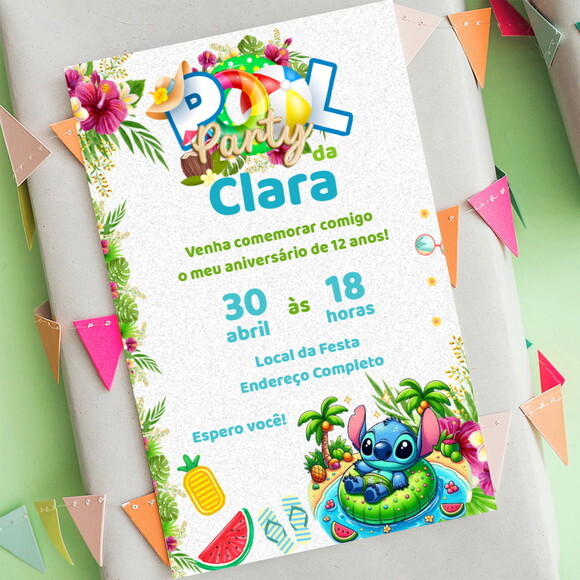 Convite Aniversário Digital Stitch Pool Party
