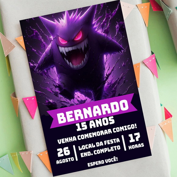 Convite Aniversário Gengar Pokemon