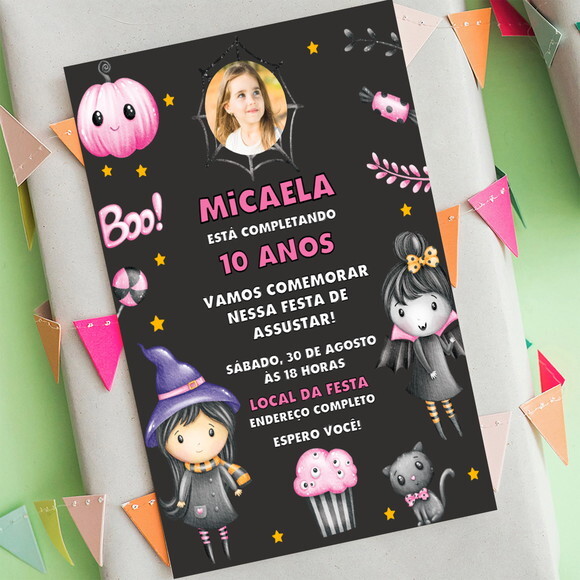 Convite Aniversário Halloween Bruxinha com Foto