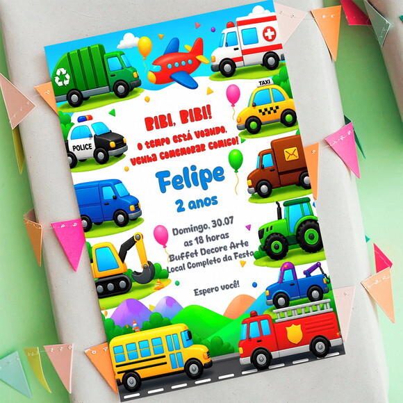 Convite Aniversário Meios de Transporte Digital