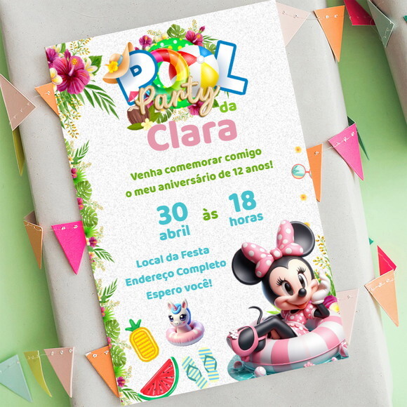 Convite Aniversário Minnie Mouse Pool Party