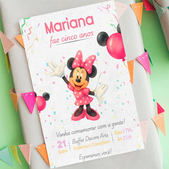 Convite Aniversário Minnie Mouse Aquarela Rosa