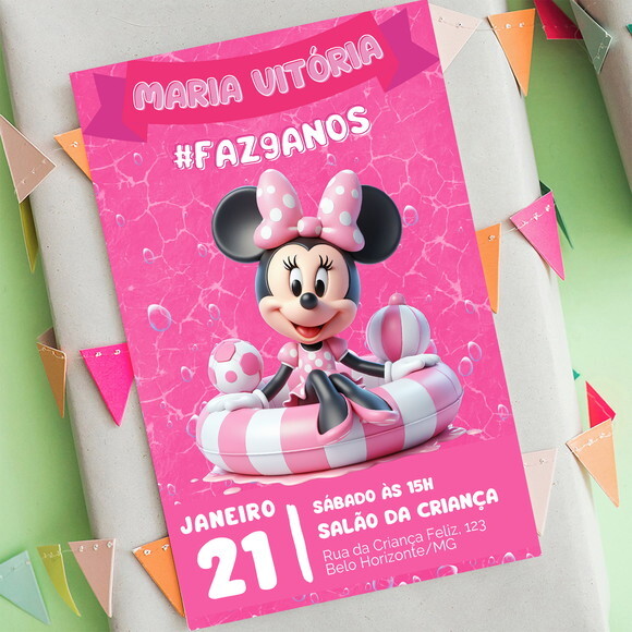 Convite Aniversário Minnie Mouse Pool Party
