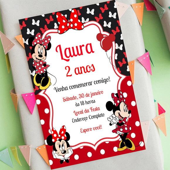 Convite Aniversário Minnie Mouse Vermelha Modelos