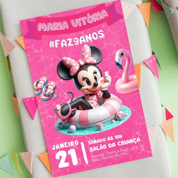 Convite Aniversário Minnie Mouse Pool Party