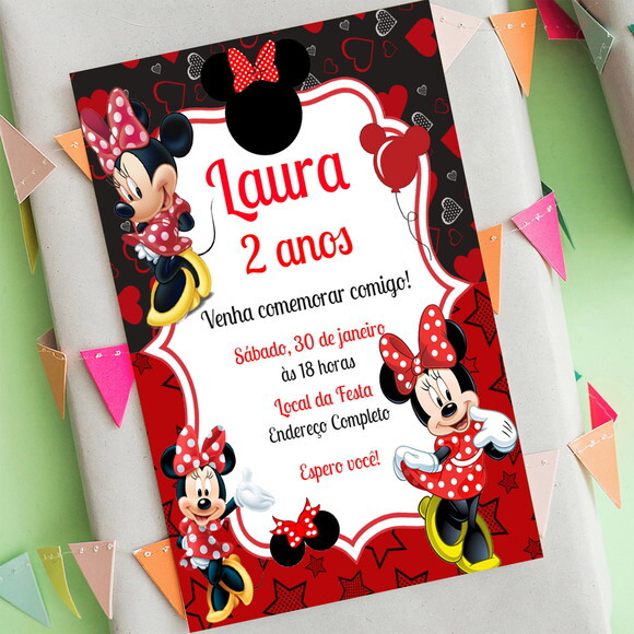 Convite Aniversário Minnie Mouse Vermelha Modelos