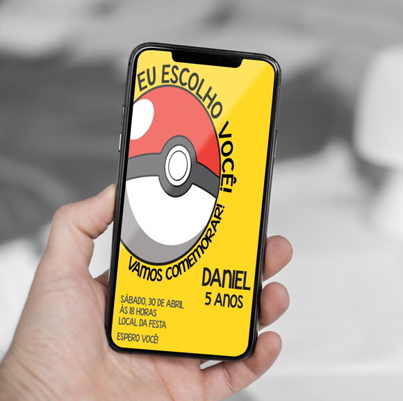 Convite Aniversário Pokemon Pokebola Amarelo