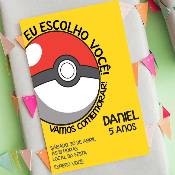 Convite Aniversário Pokemon Pokebola Amarelo