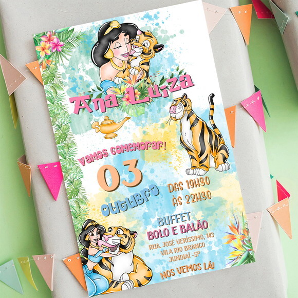Convite Aniversário Princesa Jasmine Aquarela