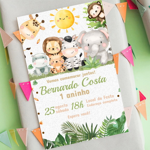 Convite Aniversário Safari Animais Aquarela