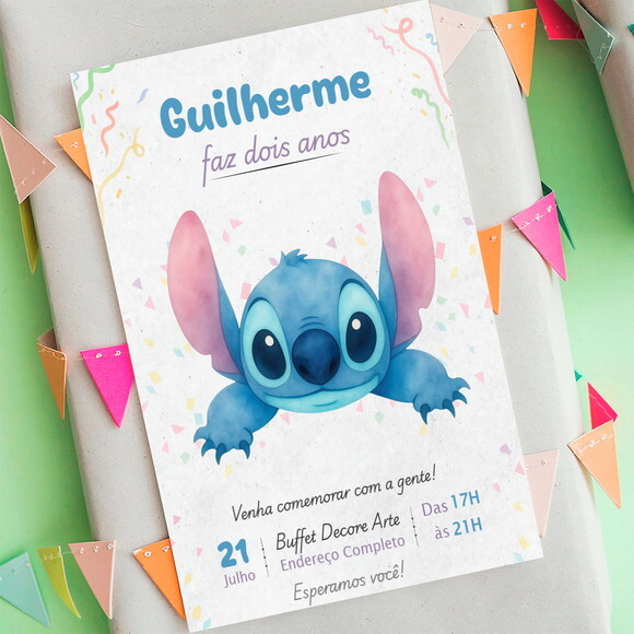 Convite Aniversário Stitch Aquarela