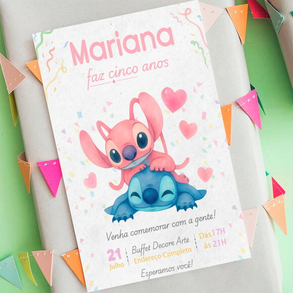 Convite Aniversário Stitch e Angel Aquarela