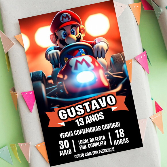 Convite Aniversário Super Mário Kart Digital