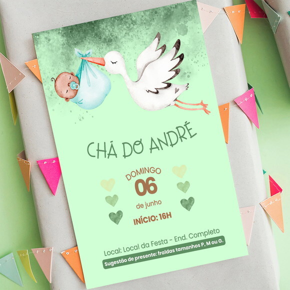 Convite Chá de Bebê Cegonha Verde