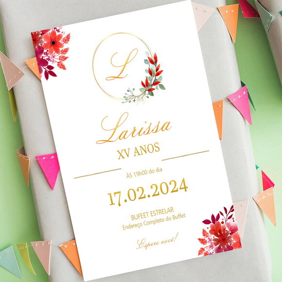 Convite de Aniversário 15 Anos Floral Vermelho e Dourado