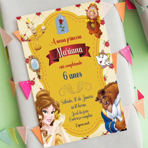 Convite de Aniversário a Bela e Fera Rosas