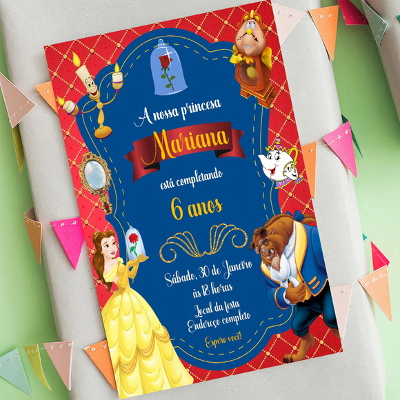 Convite de Aniversário a Bela e Fera Vermelho