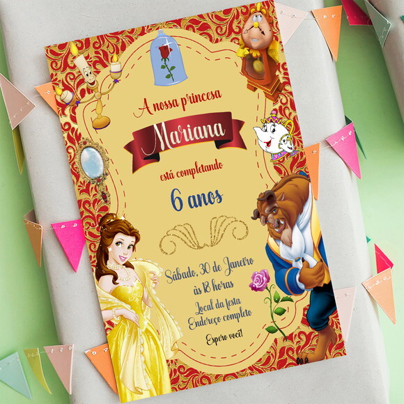 Convite de Aniversário a Bela e Fera Vermelho Dourado