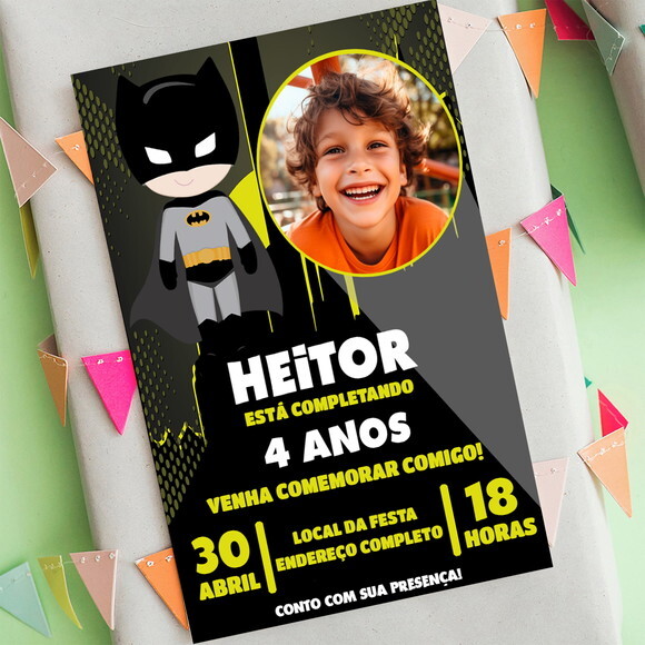 Convite de Aniversário Batman Cute com Foto