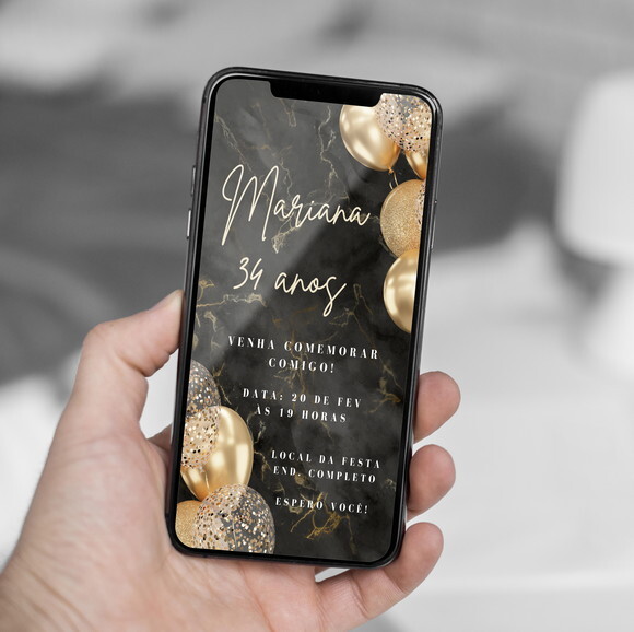 Convite de Aniversário Dourado Elegante, Convite Digital