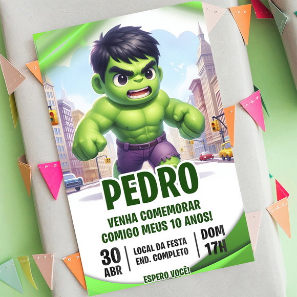Convite de Aniversário Incrivel Hulk Cute