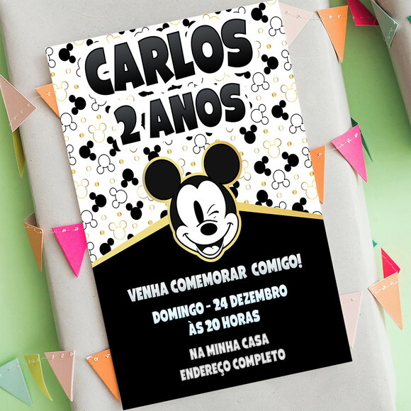 Convite de Aniversário Mickey Preto e Dourado