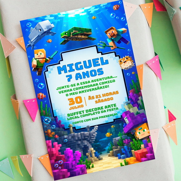 Convite de Aniversário Minecraft Fundo do Mar
