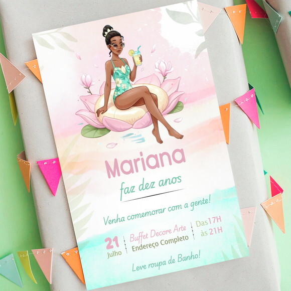 Convite de Aniversário Princesa Tiana Pool Party Aquarela
