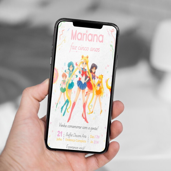 Convite de Aniversário Sailor Moon Princesas Aquarela Digita