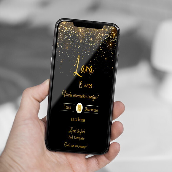 Convite Digital 15 Anos Preto e Dourado