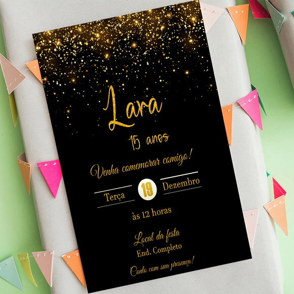Convite Digital 15 Anos Preto e Dourado