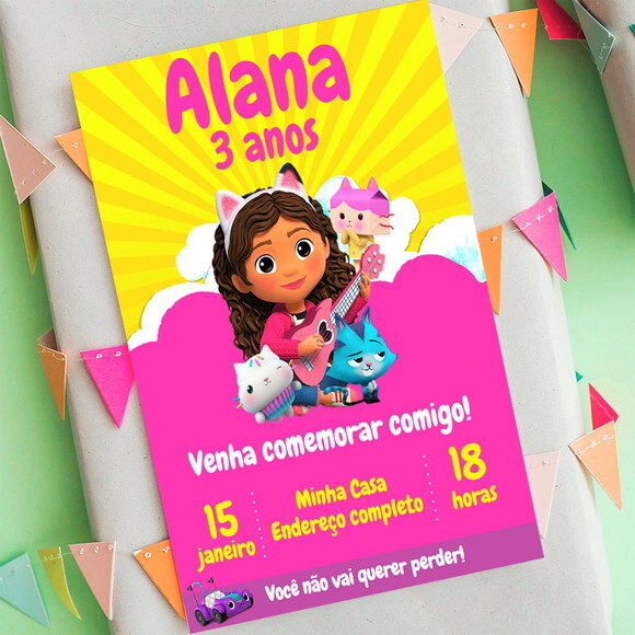 Convite Digital a Casa Mágica da Gabby Cor de Rosa