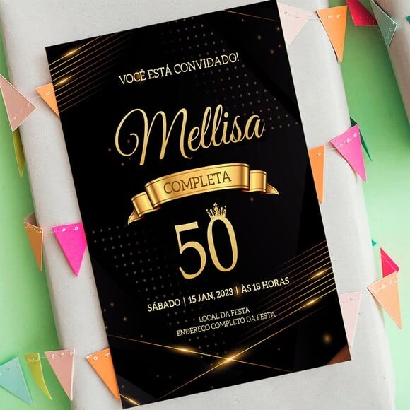Convite Digital Aniversário Preto e Dourado