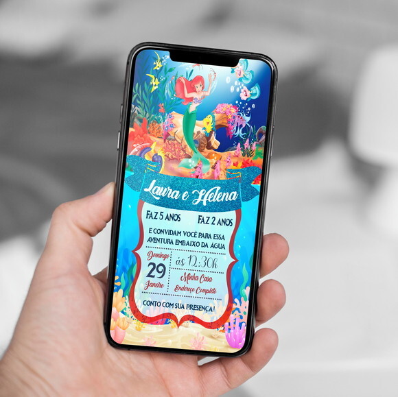 Convite Digital Ariel Princesa da Disney Duplo
