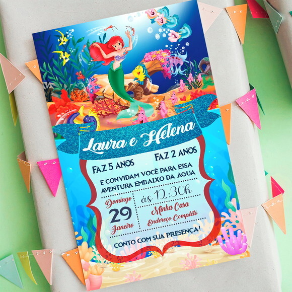Convite Digital Ariel Princesa da Disney Duplo