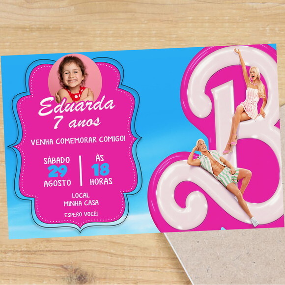 Convite Digital Barbie Festa Barbie Cor de Rosa com Foto