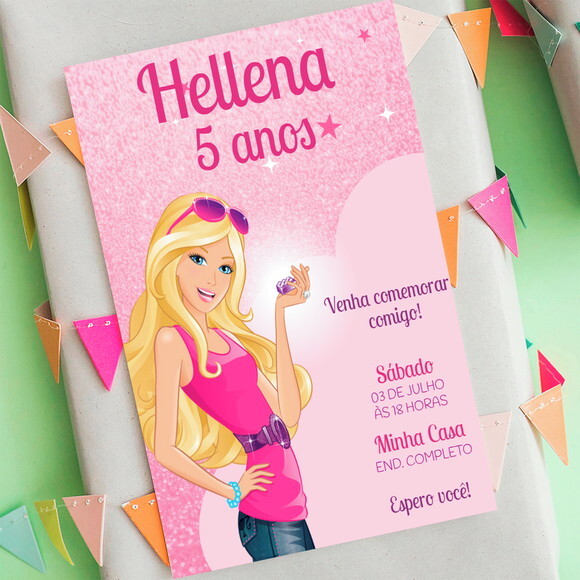 Convite Digital Barbie Glitter Rosa Aniversário Infantil
