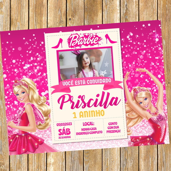 Convite Digital Barbie Rosa Festa Barbie com Foto