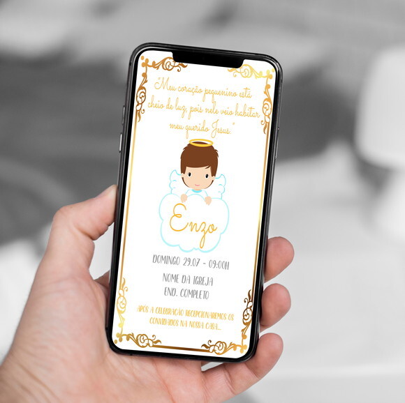 Convite Digital Batizado Dourado Anjinho com Nome Azul